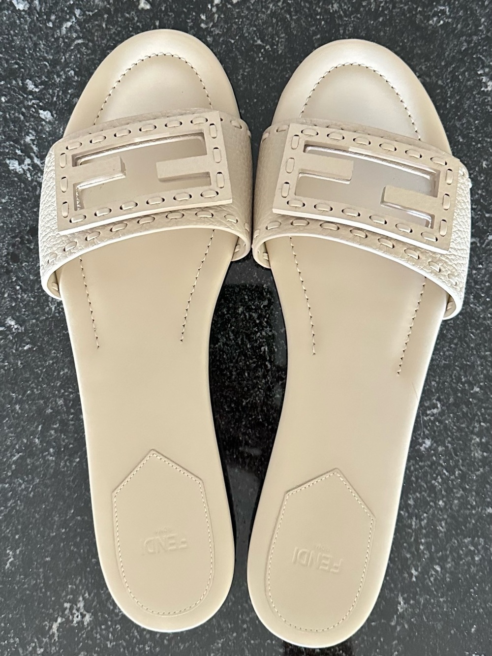 Fendi Beige Leather Logo Slide Sandals